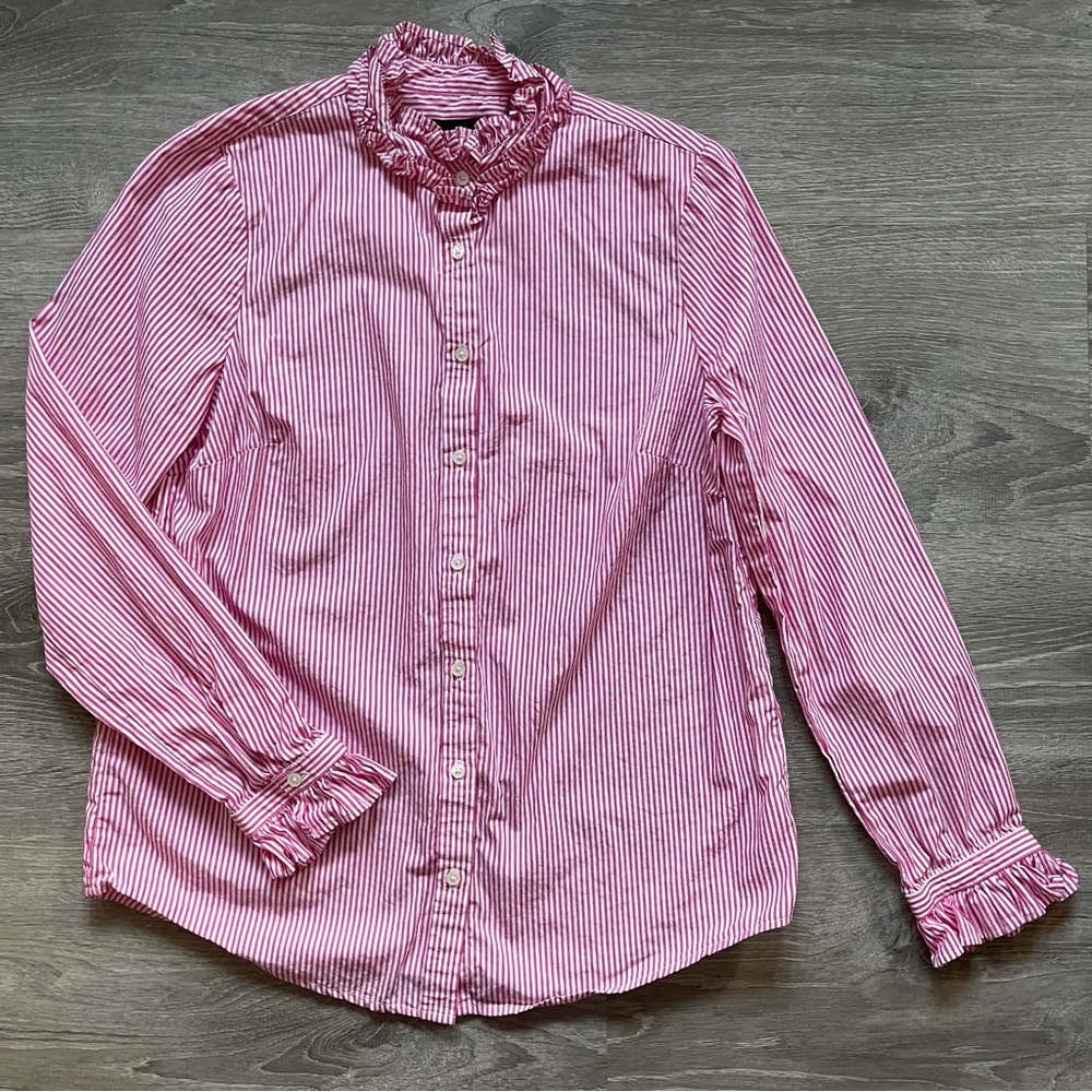 *J Crew Double Ruffle Collar Striped Button Blouse